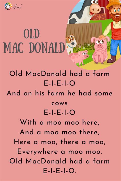 [Verse 1] Old MacDonald had a farm, E-I-E-I-O And on his farm he had a cow, E-I-E-I-O With a moo-moo here and a moo-moo there Here a moo, there a moo, everywhere moo-moo Old MacDonald had a farm ...